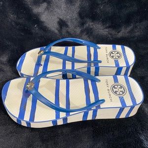 Tory Burch White and blue striped flip flops.